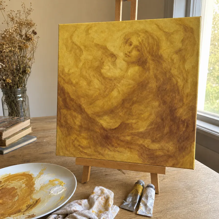 Dreamy one-color oil portrait of a young woman dissolving into soft golden washes