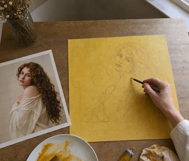 Transferring a portrait photo onto canvas using the grid method